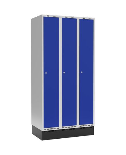 GarderobeSkab 3x300mm m/lige tag, blå dør med cylinderlås og sokkel